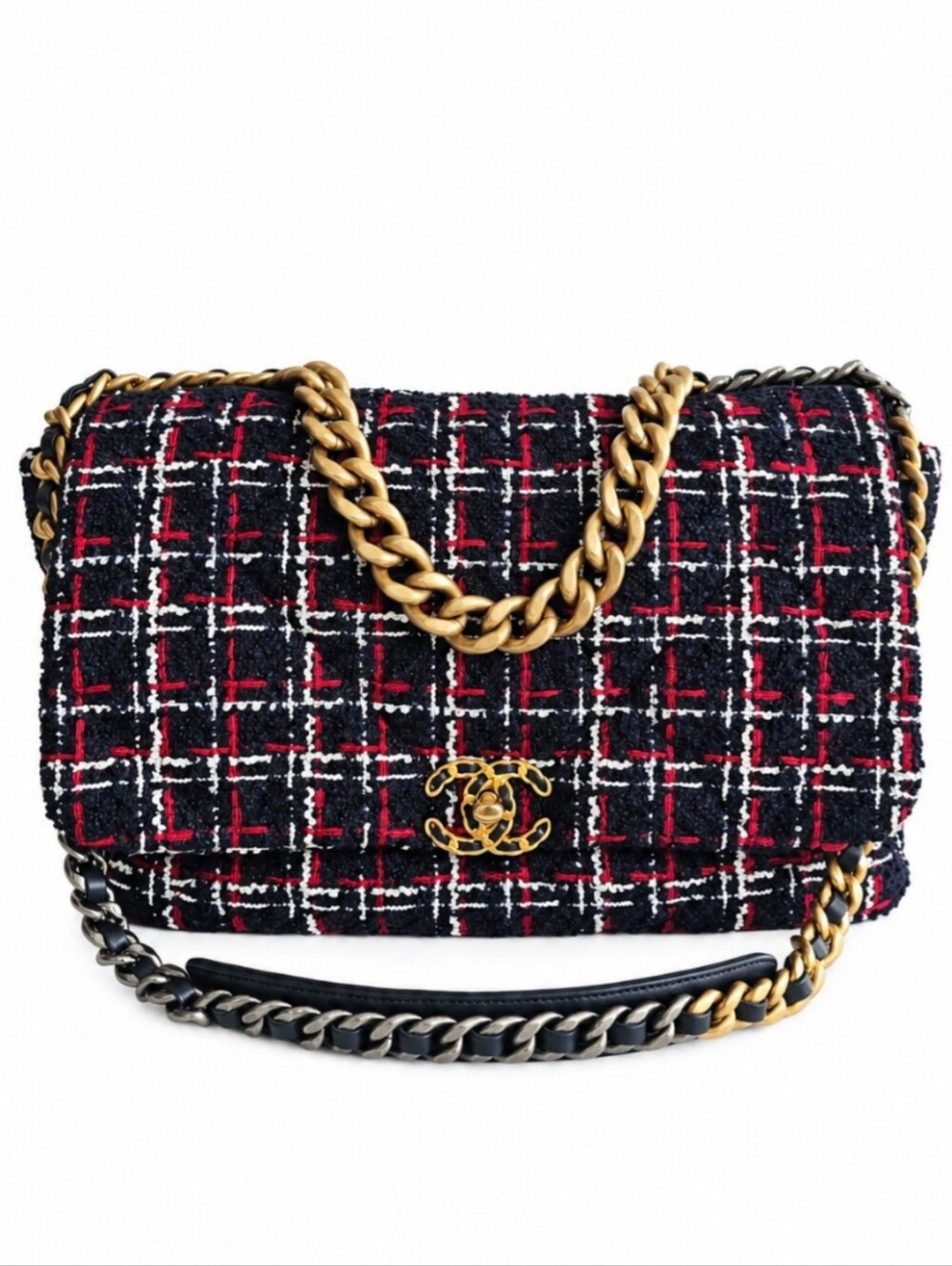 Chanel 19 Maxi Blue, Red & White Tweed Flap Bag